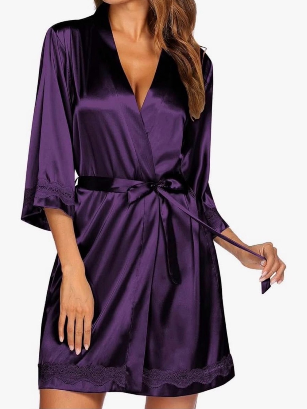 Silky Purple Lace-Trim Wrap Robe - Women's Intimates, Medium